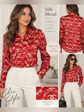 Red Ivory Silk Stretch Satin CC Print Button Down Blouse 90% Silk